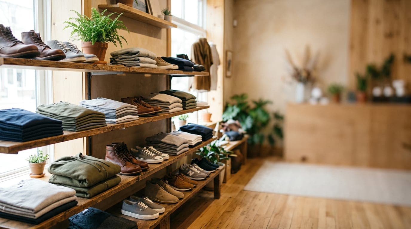 A retail display of neatly arranged apparel and shoes on wooden shelving, lit by natural daylight from a storefront window.