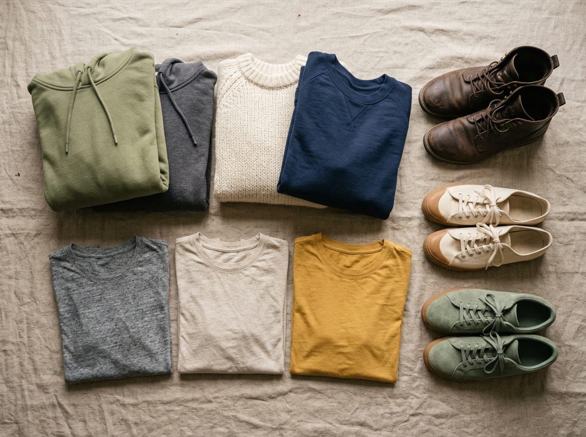 Overhead flatlay of neatly folded t-shirts, hoodies, and casual shoes arranged on a neutral surface with soft natural light.